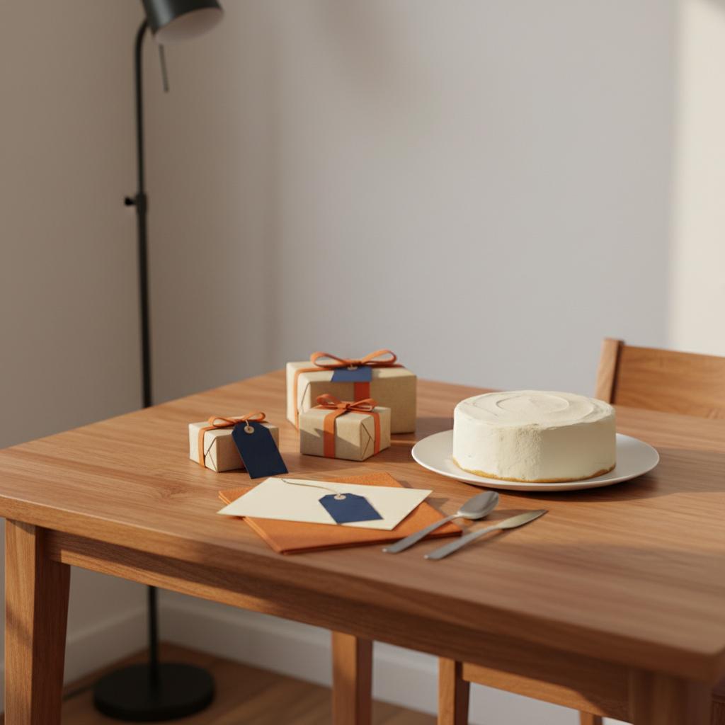Intime Detailaufnahme eines Esstischs mit kleinen Geschenken, Karte und einfachem Kuchen in warmer, minimalistischer Stimmung — Geldgeschenk zur Rente