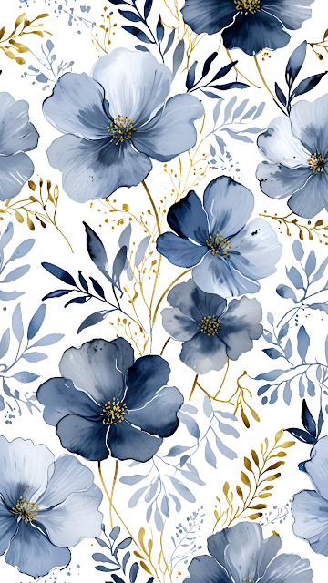 Blue and Gold Watercolor Floral Pattern on White - Free mobile Wallpaper