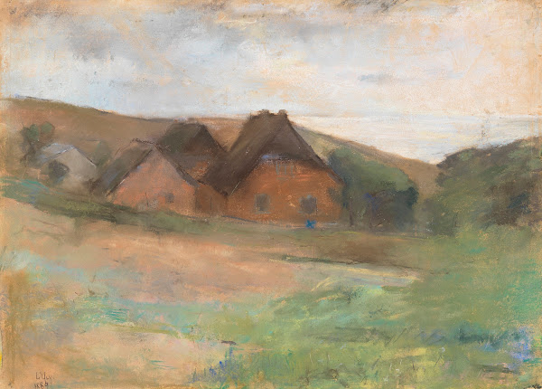 Wiesenlandschaft mit Bauernhäusern Küstendorf 1889