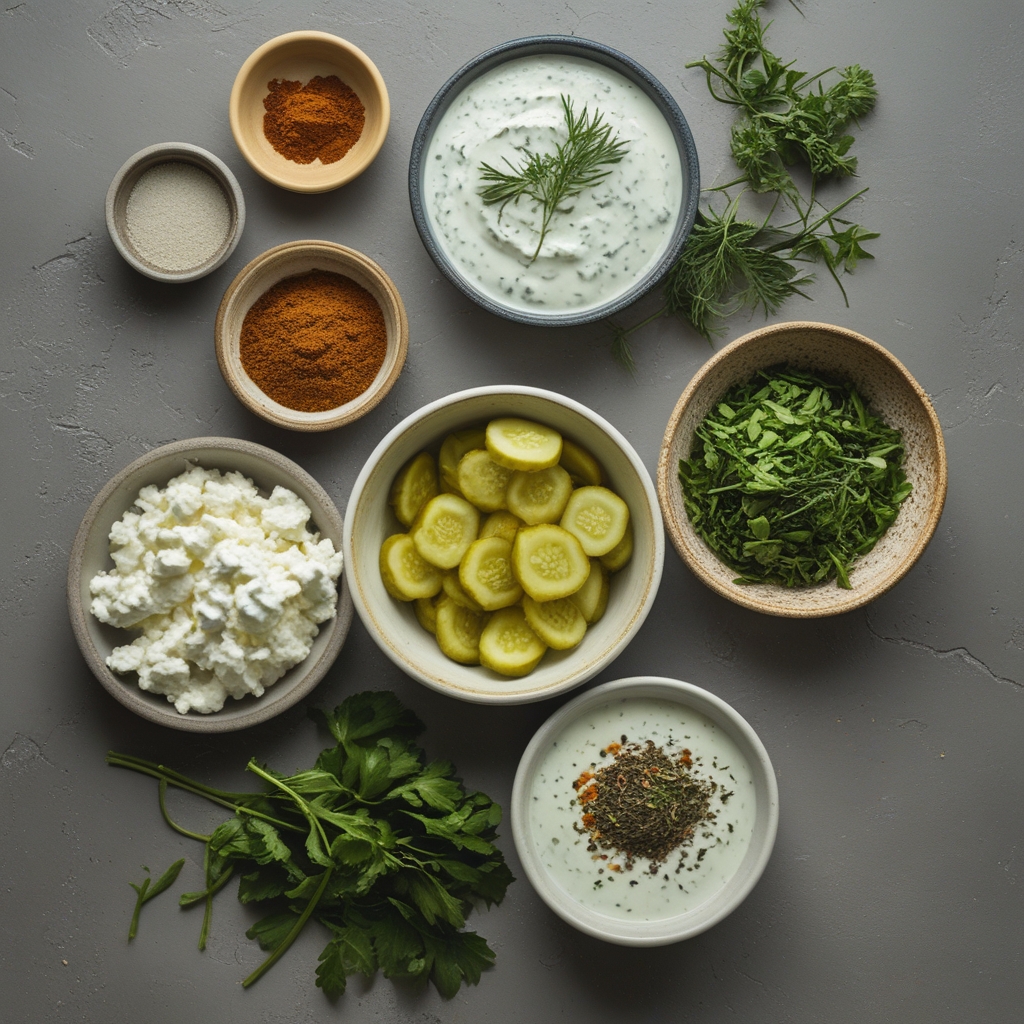 Ingredients for Healthy Dill Pickle Cottage Cheese Ranch Recipe for an Easy, Flavor-Packed Snack