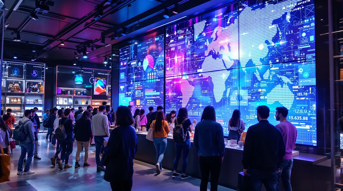 글로벌유통통역 현장에서 AI 통역 솔루션을 활용해 여러 언어가 실시간으로 대형 스크린에 표시되고, 다양한 국적의 사람들이 팝업스토어와 전자상거래 플랫폼에서 활발히 소통하는 트렌디한 비즈니스 공간