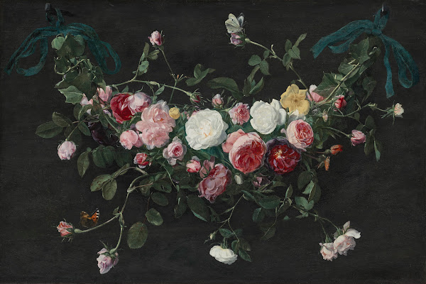 A garland of roses and ivy suspended by ribbons with a cabbage white and a torto