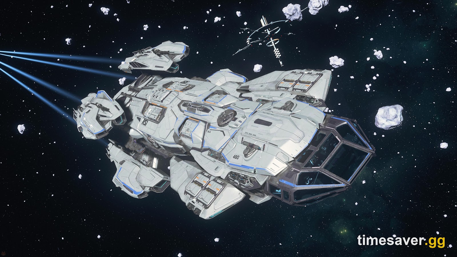 RSI Constellation Andromeda flying past a station among asteroids