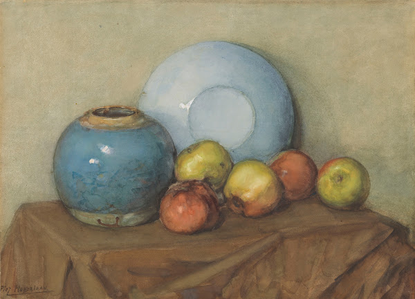 Appels ronde pot en plaat op een tafel circa 1901