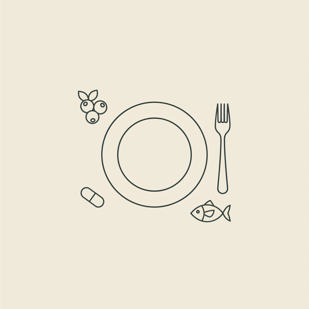 Minimal line-art plate with fork, capsule, berry and fish icons on beige background suggesting balanced nutrition and body recomposition