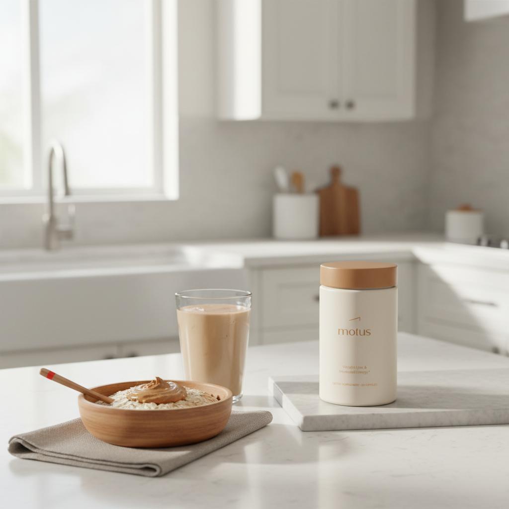 Minimalist kitchen countertop with Tonum Motus jar beside a prepared shake and a small bowl of oats and nut butter, illustrating meal replacement vs protein shake comparison.