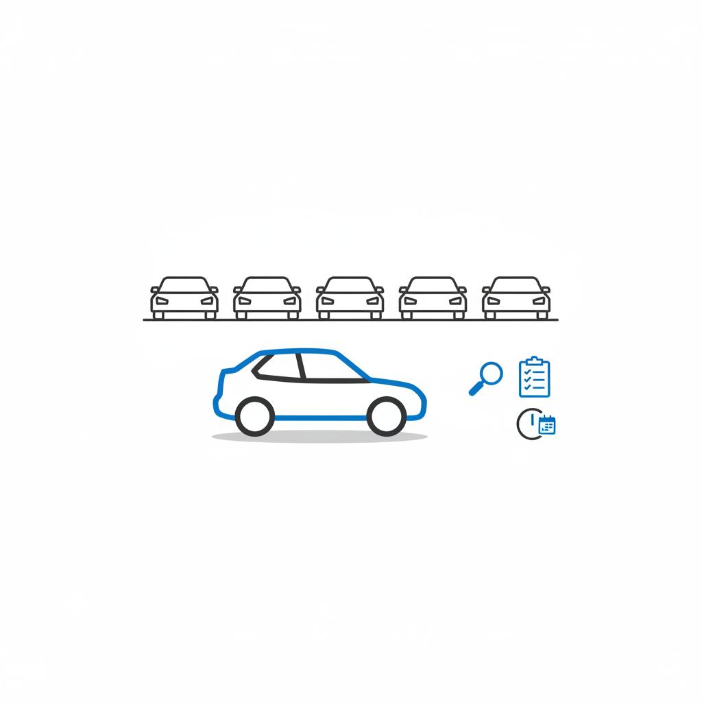 Minimalist 2D vector of a used car at a dealership lot with magnifying glass checklist and calendar icons illustrating online car buying and independent inspection
