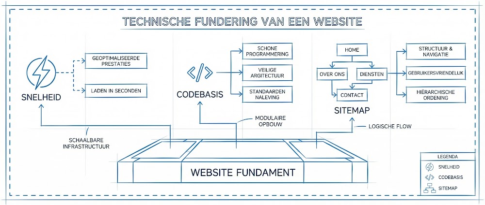 Blauwdruk schets van de technische SEO fundering van een website, met iconen voor snelheid en code.