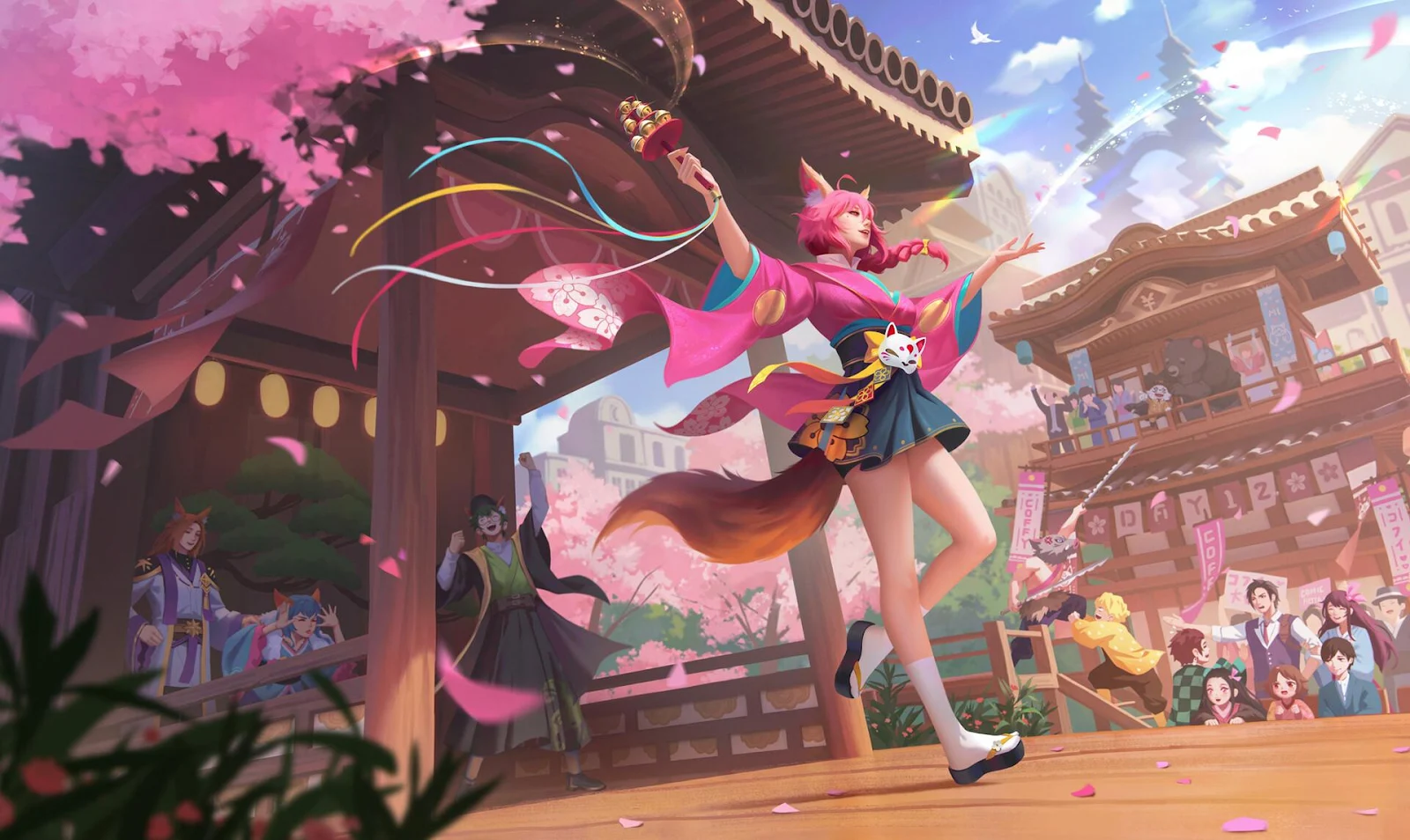 Kitsune Festival Dance Celebration - Digital Anime Illustration Full HD Wallpaper (1920x1145)