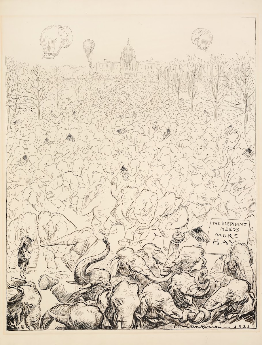 The lawn before the White House is crowded with Republican Party elephants 1921
