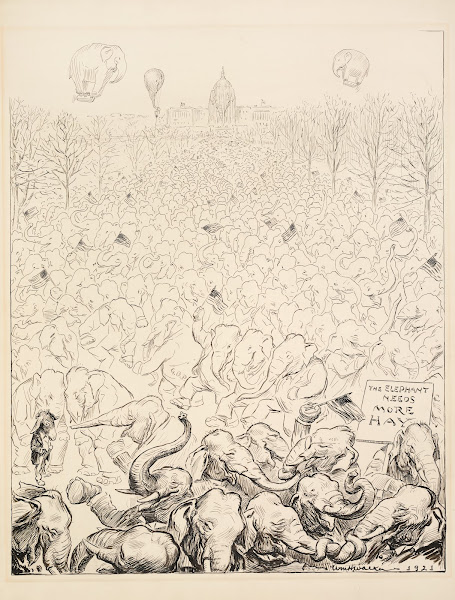 The lawn before the White House is crowded with Republican Party elephants 1921