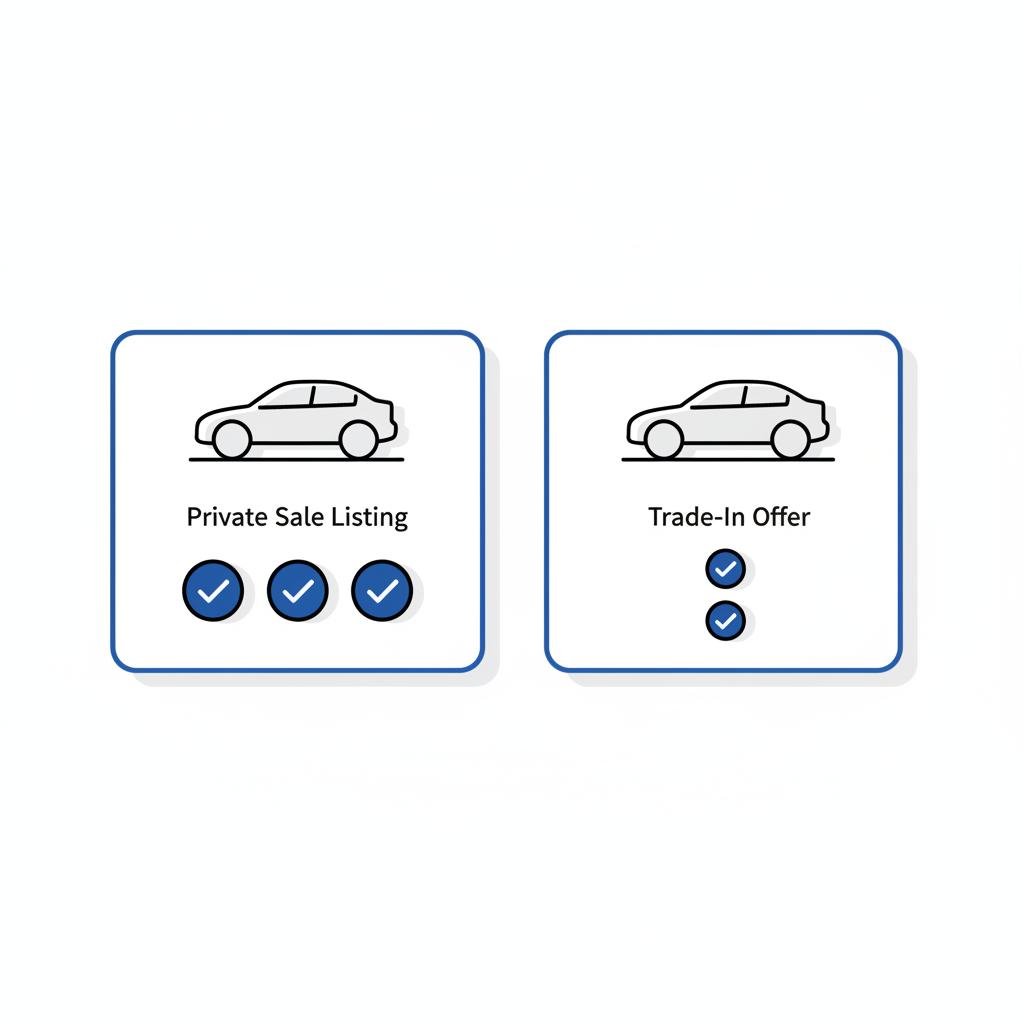 Minimalist 2D vector side by side comparison of a private sale listing panel and a trade in offer panel with checklist icons showing preparation steps for car sale carvana trade in value
