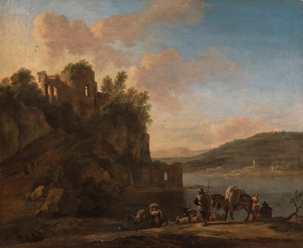 An Italianate River Landscape With Herders On A Path With Their Flock And Donkey