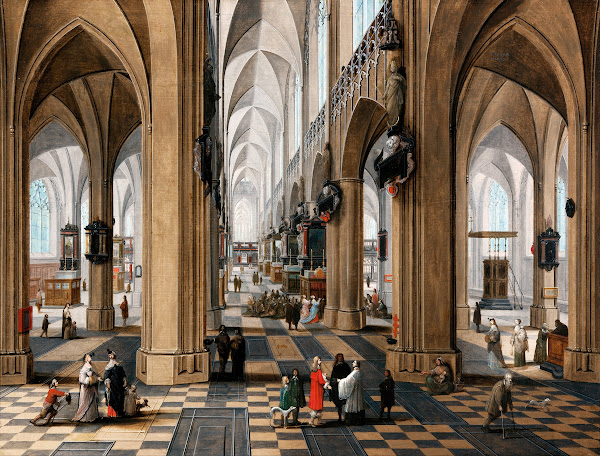 A church interior with elegant figures strolling and figures attending mass circ