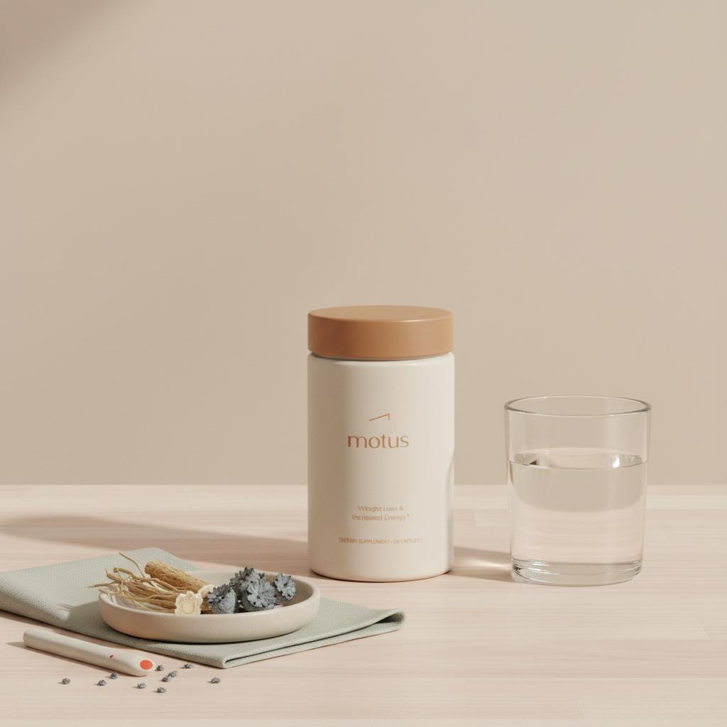 Motus Tonum supplement bottle on beige counter with glass of water and dish of berberine roots and milk thistle seed pods — natural supplement that mimics semaglutide