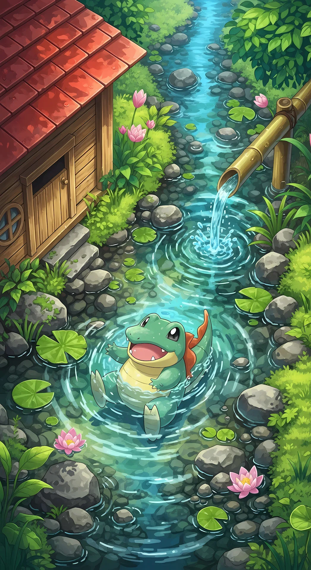 Totodile Relaxing in a Lush Forest Stream with Bamboo Spout - Free 4K mobile Wallpaper