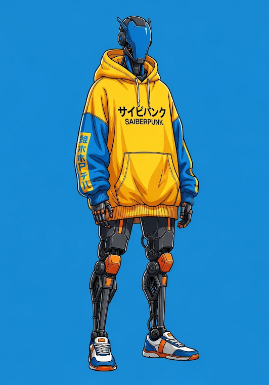 Cyberpunk Robot in Yellow Hoodie