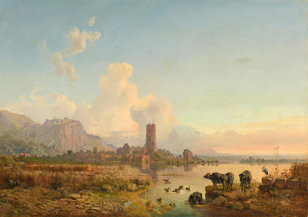 Landschaft in den Pontinischen Sümpfen mit den Ruinen von Ninfa und Blick auf Se