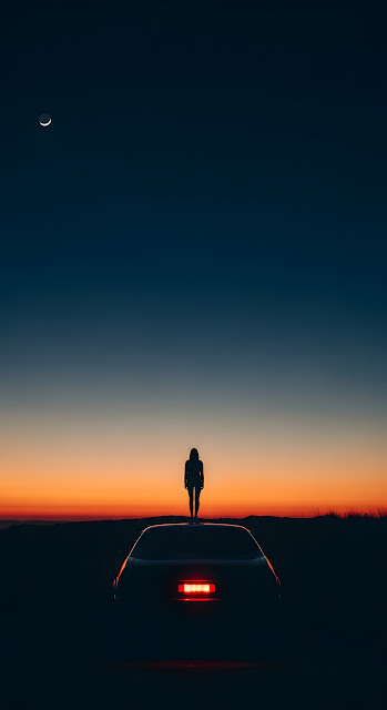 Dramatic Silhouette of a Woman on a Hilltop Against a Twilight Sky with a Crescent Moon - Free mobile Wallpaper