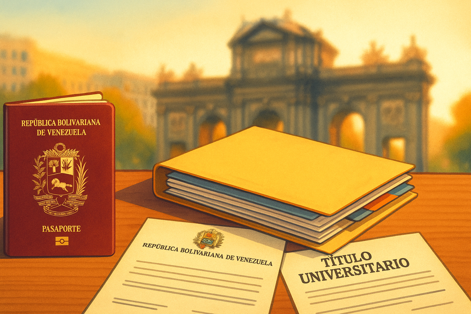 Documentos y pasaporte sobre mesa para trámites de homologación en España
