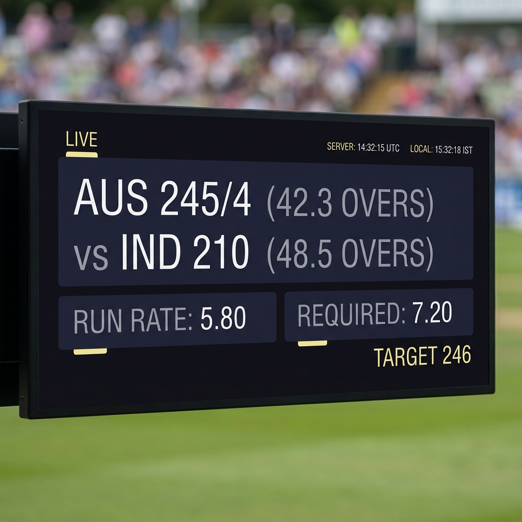 Close up live cricket scoreboard showing scores overs wickets and two timestamps indicating latency differences for monitoring cricket odds