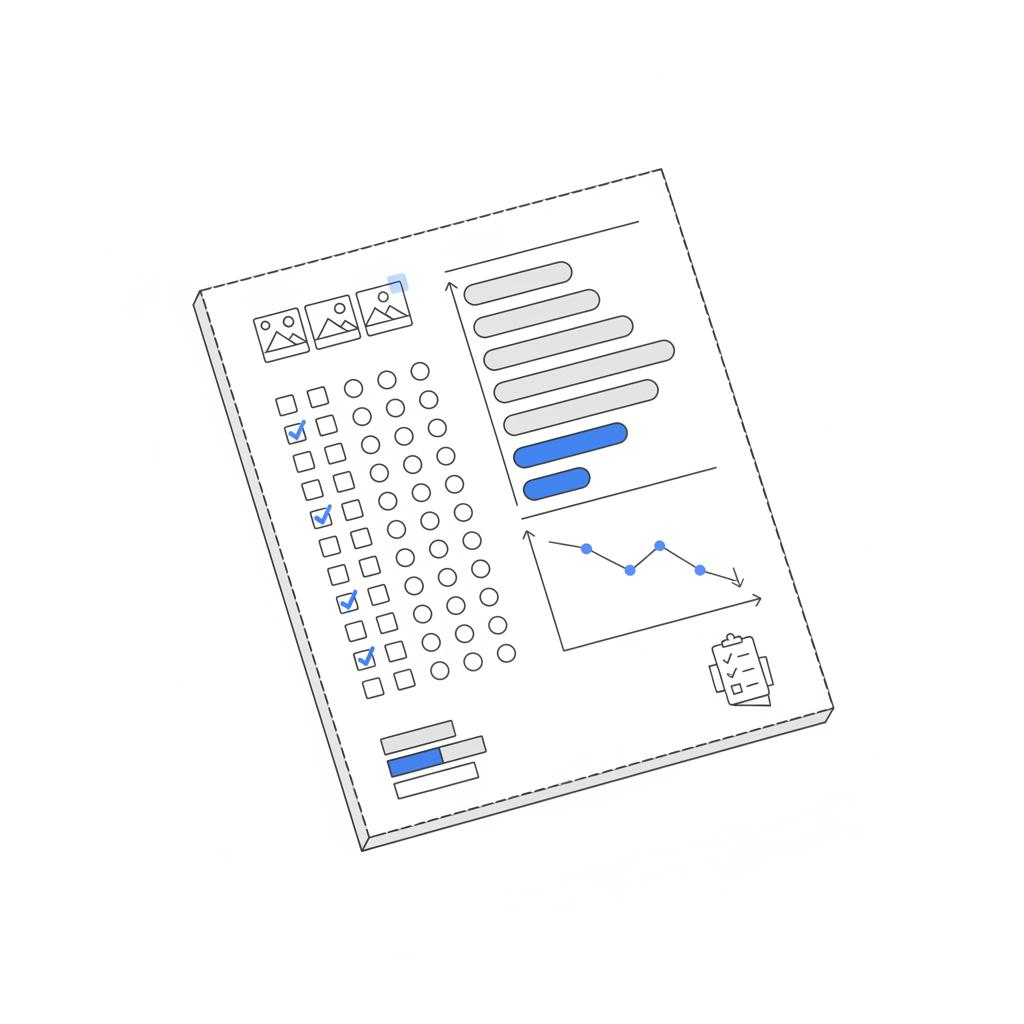 Notebook-style vector illustration showing a 30-day checklist and downward charts highlighting Yelp disadvantages, minimalist neutral palette with blue #1a5bfb accents