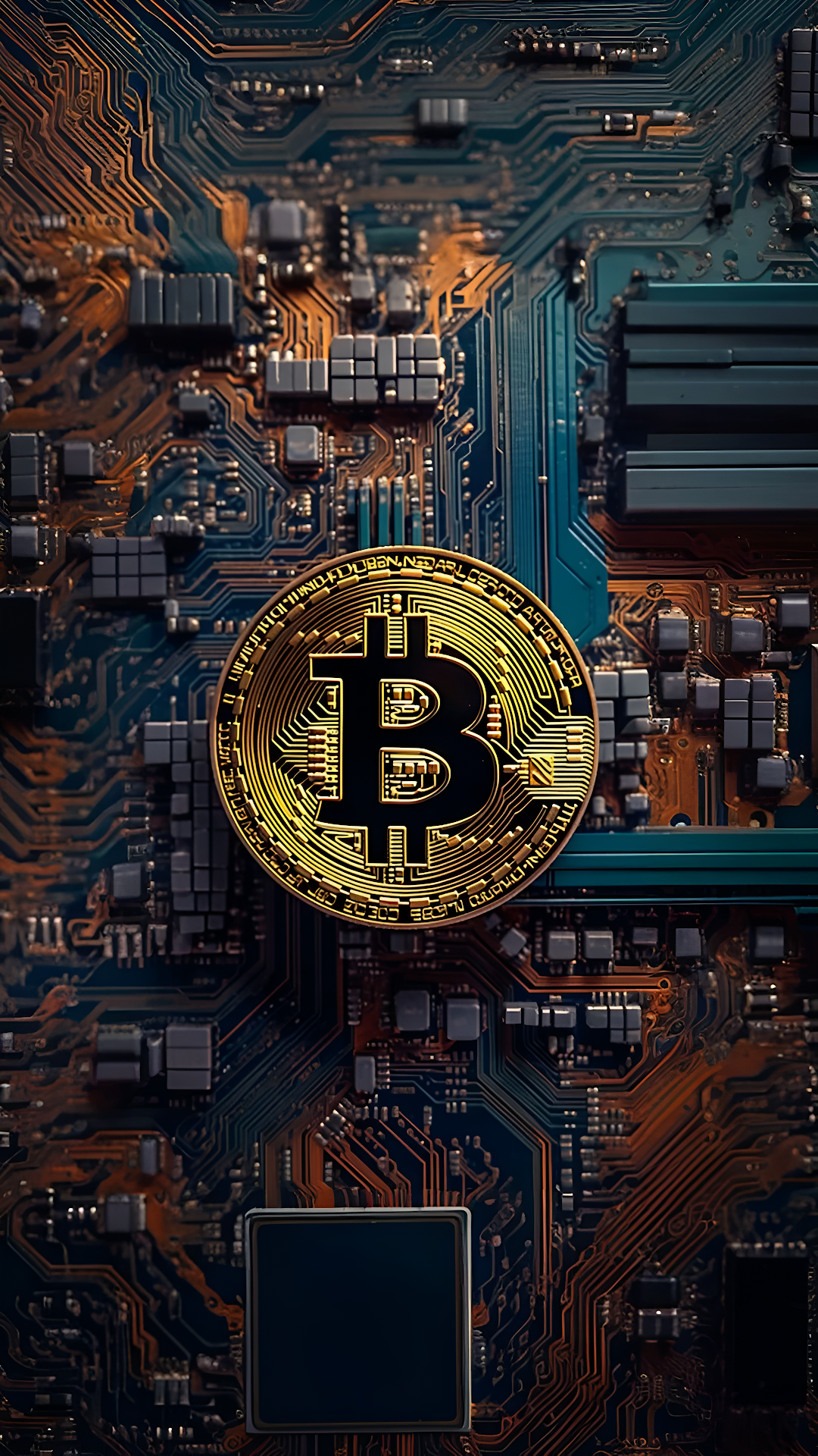 Golden Bitcoin Cryptocurrency Coin on Futuristic Circuit Board - Free 4K mobile Wallpaper