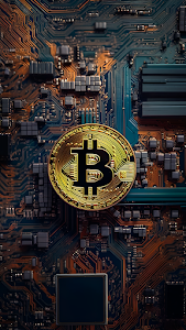 Golden Bitcoin Cryptocurrency Coin on Futuristic Circuit Board