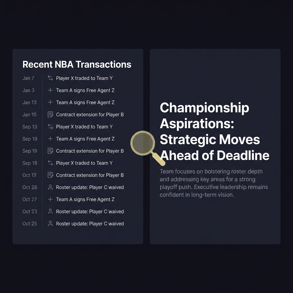 Full frame composite UI screenshot with NBA transactions list on the left and a team newsroom headline on the right subtle magnifying glass overlay in accent color Funded Plays palette warriors odds