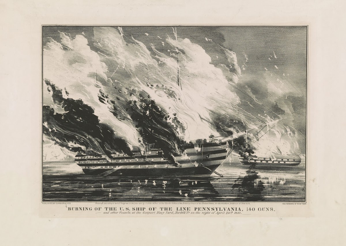 Burning of the US ship of the line Pennsylvania 140 guns and other vessels at th