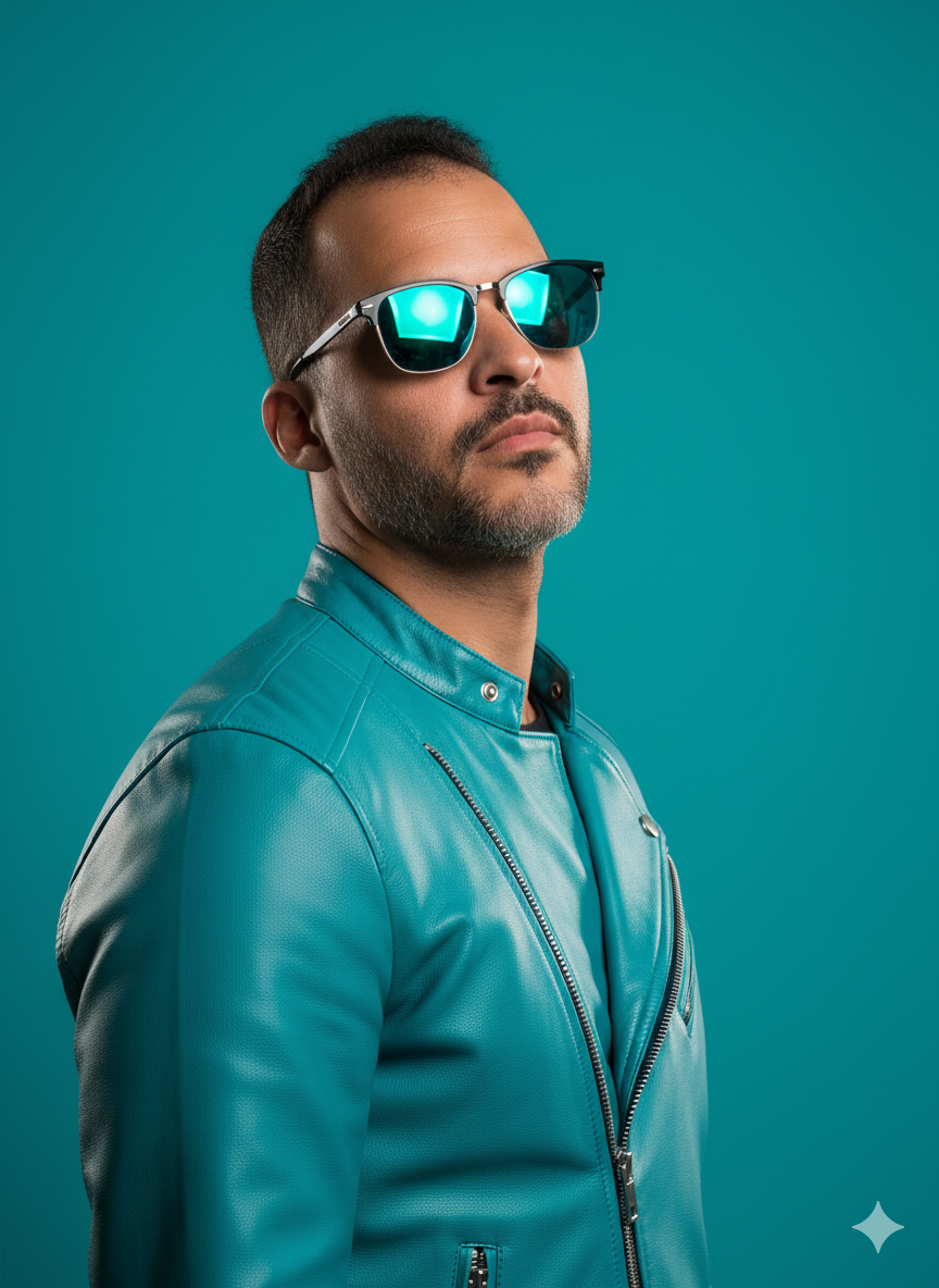 Foto estilosa de homem com chaqueta de cuero y gafas de sol cor azul agua