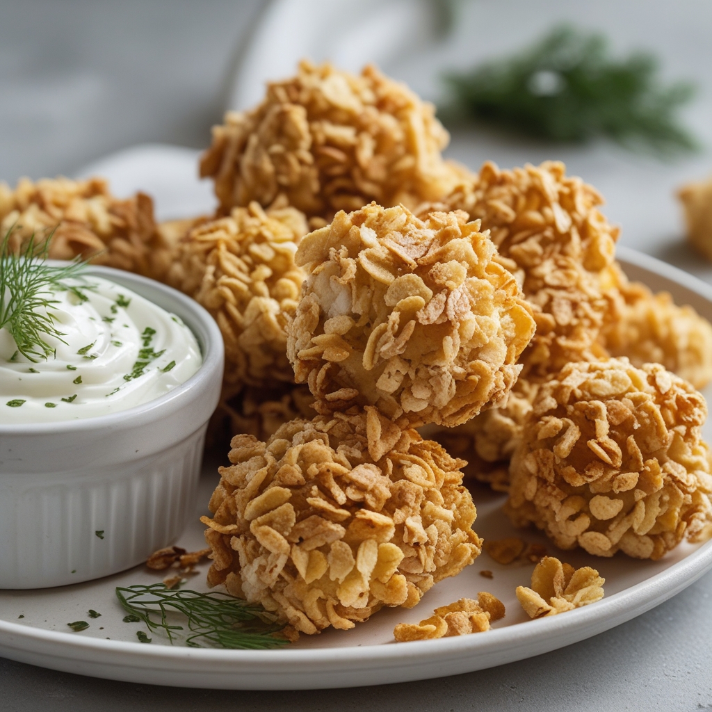 Final Crispy Everything Bagel Cornflake Chicken Bites with Whipped Dill-Pickle Yogurt Dip