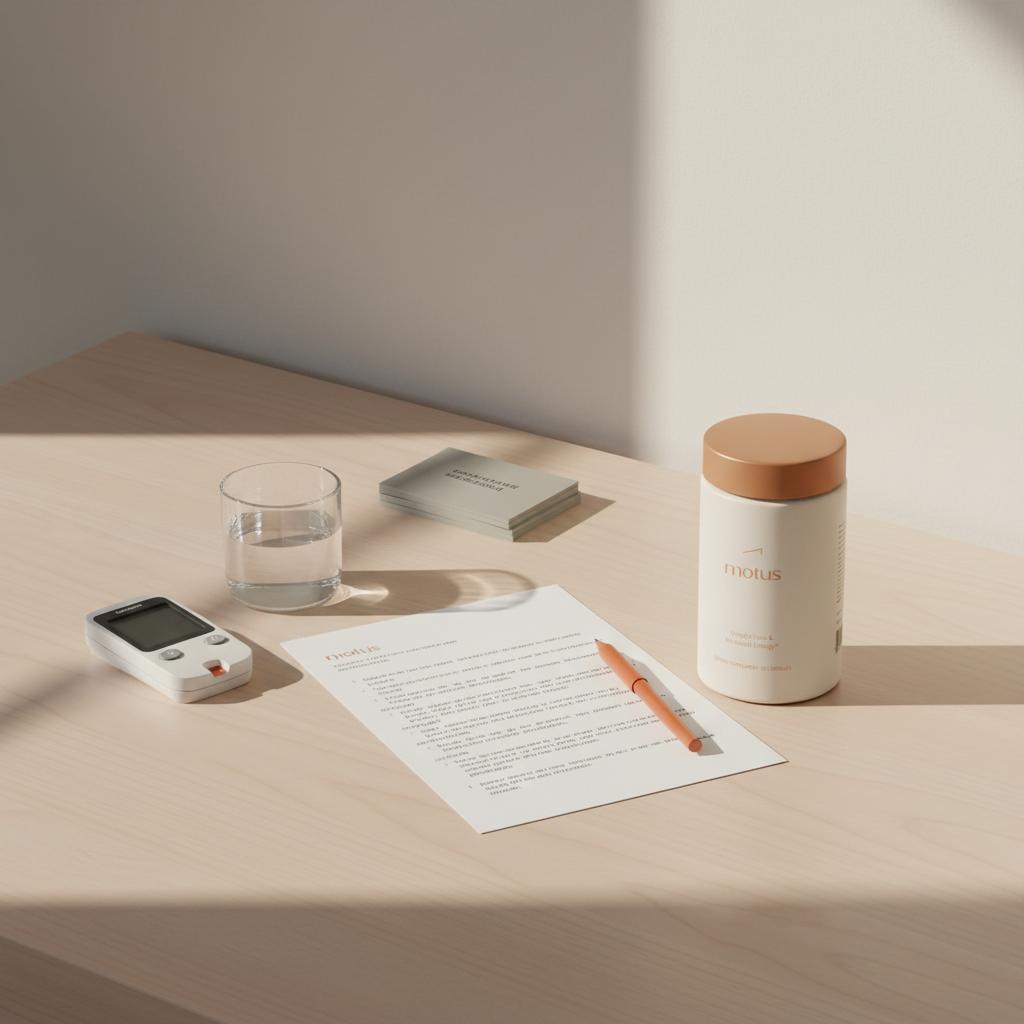 Minimalist home desk with Tonum Motus container, glass of water, glucometer and medication list showing alpha-lipoic acid interactions in a clinical, approachable style.