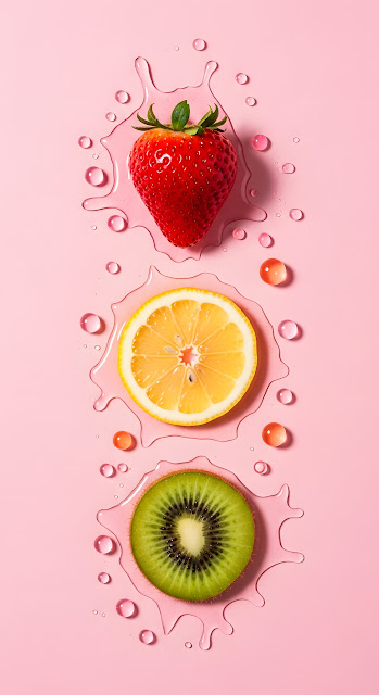Strawberry Lemon Kiwi Slices on Pink Minimalist Design - Free mobile Wallpaper