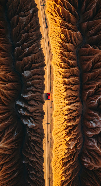 Dramatic Overhead Aerial of a Red Car on a Dirt Road in a Golden Desert Canyon at Sunset - Free mobile Wallpaper