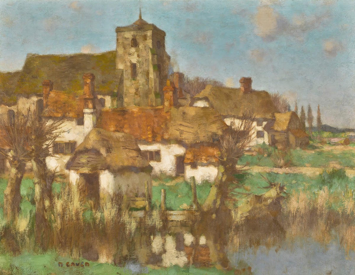 Church and farm cottages by a river