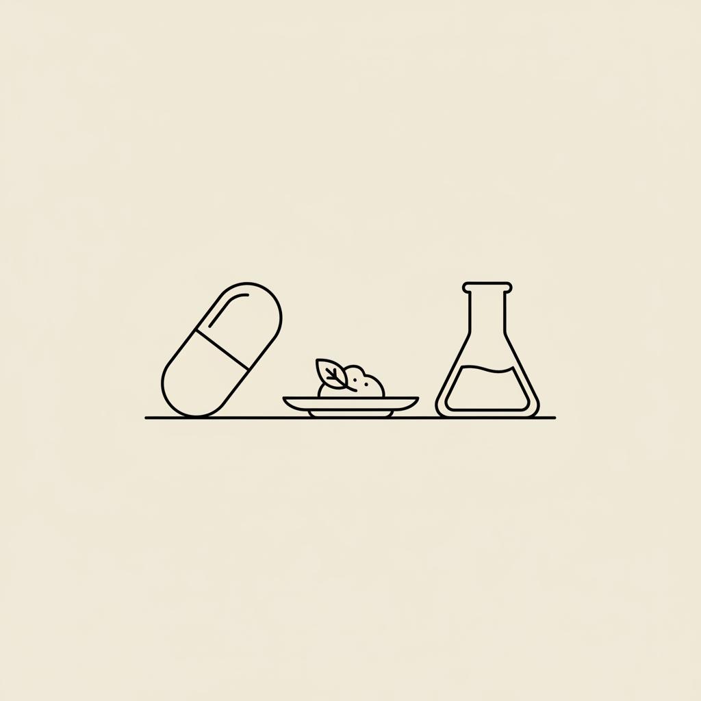 Minimal Tonum-style line illustration of a berberine capsule, a small portioned plate, and a stylized lab flask on beige background #F2E5D5.