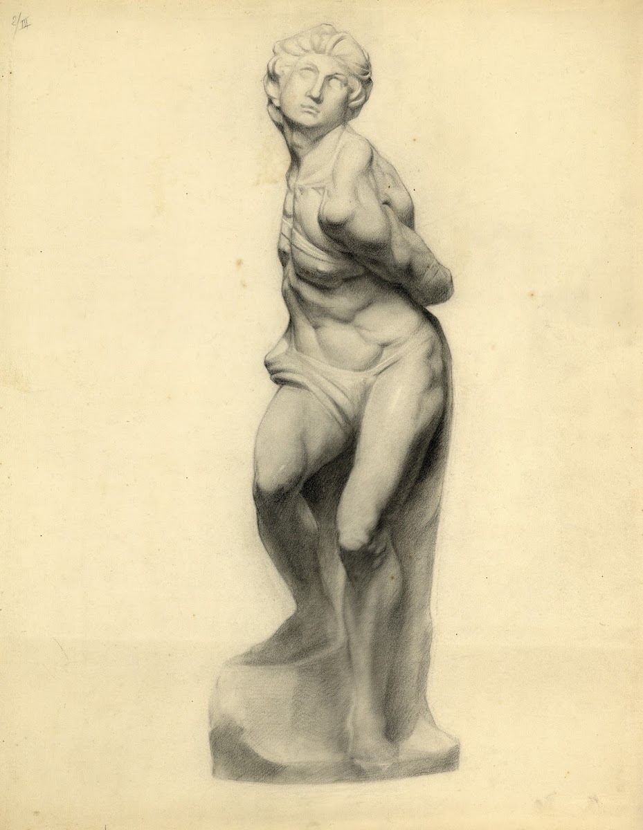 Tekening van staand klassiek beeld