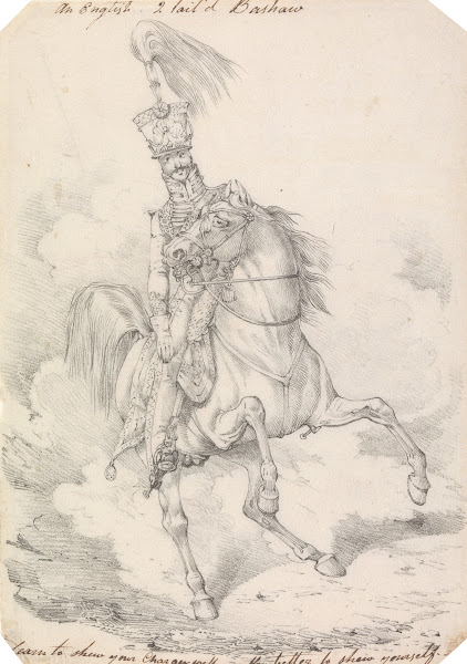 Hussar with High Plume in His Helmet Mounted on a Horse With High Held Swishing