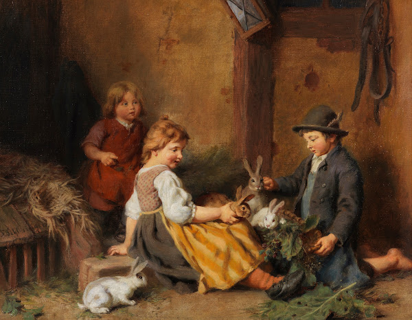 Kinder mit Hasen im Stall 1870