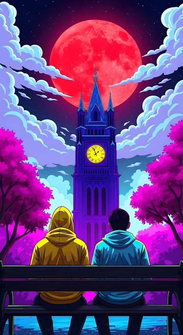 Vaporwave Couple Watching Blood Moon Over Clock Tower
