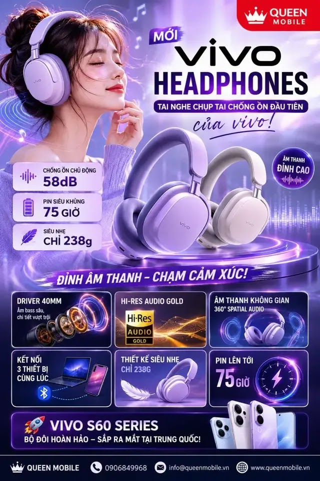 Vivo S60 Series ra mắt cùng tai nghe chụp tai chống ồn đầu tiên của vivo, liệu các ông lớn Sony và JBL có phải dè chừng 