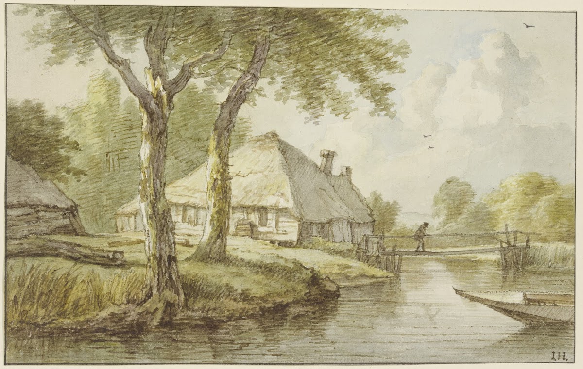 Bei zwei Bäumen ein Haus am Wasser ein Steg rechts die Spitze eines Kahnes