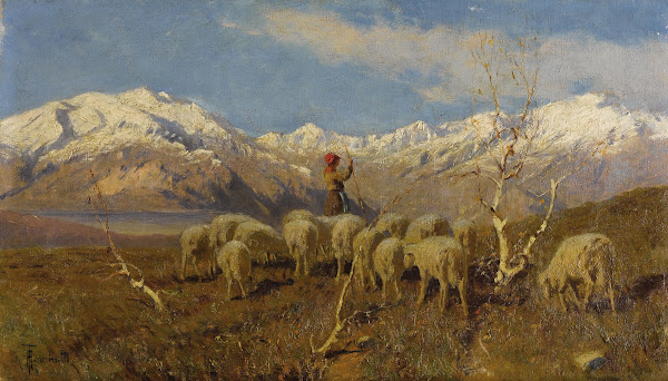 A Herder and Flock Grazing in the Alps