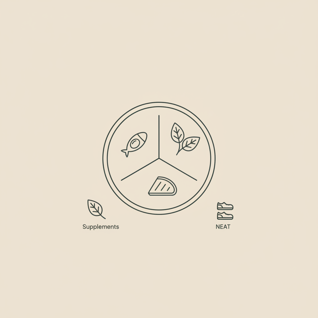 Minimalist Tonum-style line illustration of a balanced plate with protein, veg, carbs, plus a small capsule leaf and tiny walking shoes on beige background — best fat burning workouts for women