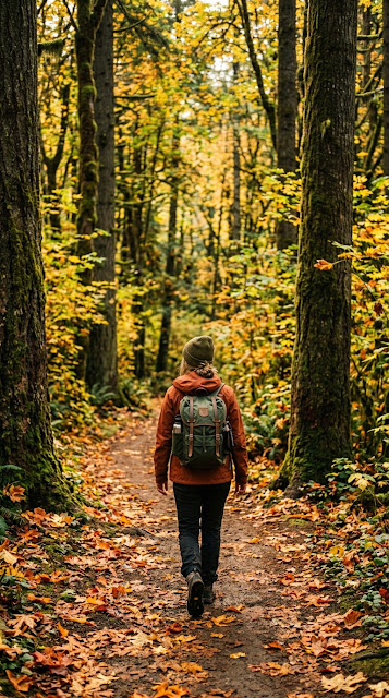 Person with Backpack Walking Down a Golden Autumn Forest Path - Free mobile Wallpaper