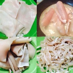 Chọn mua bì (da heo) thật sạch lông. Mua về cạo rửa lại thật kỹ, bóp với muối hạt để tẩy hết mùi hôi. Rửa lại da heo bằng nước sạch rồi cho vào luộc chín. Sau đó vớt ra ngâm vào nước lạnh cho thật nguội rồi cắt thành sợi nhỏ và dài chừng 3cm.
