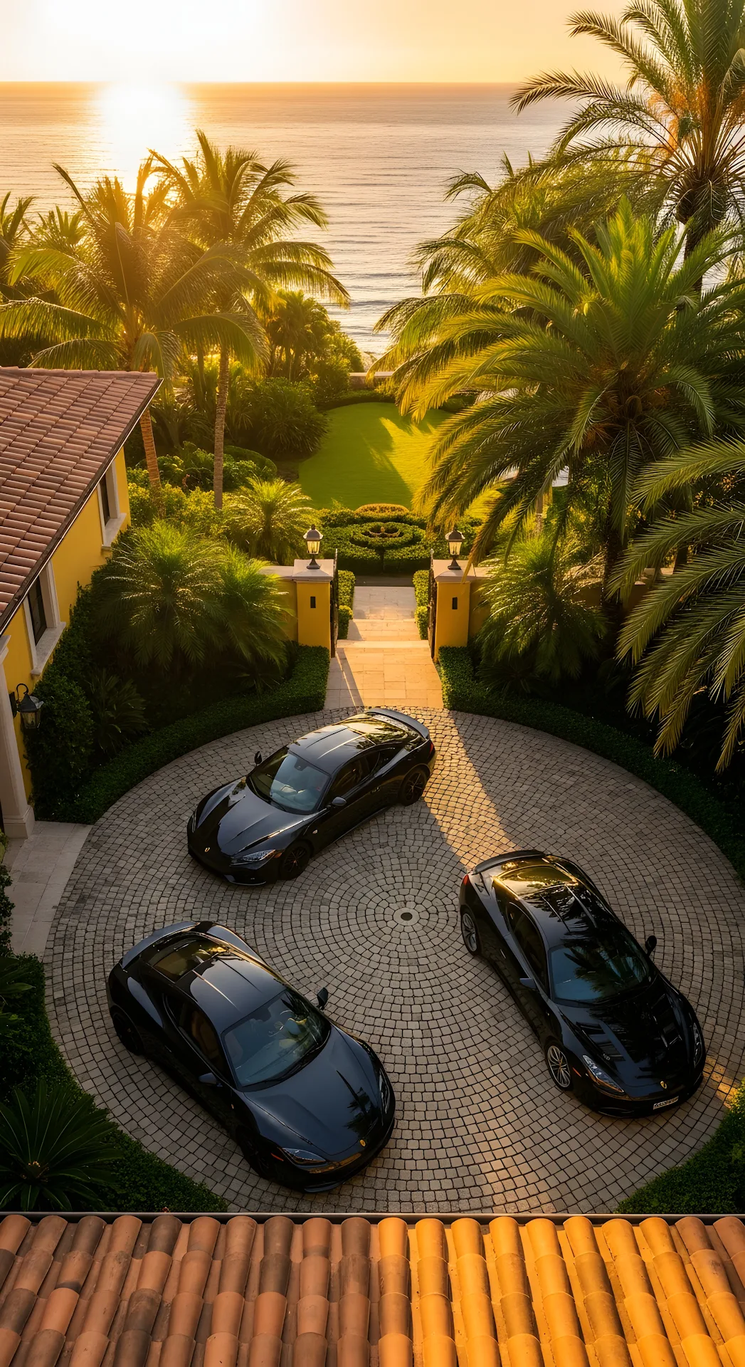 High-Angle Photo of Luxury Mediterranean Villa Driveway with Dark Sports Cars at Sunset - Free 4K mobile Wallpaper