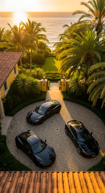 High-Angle Photo of Luxury Mediterranean Villa Driveway with Dark Sports Cars at Sunset - Free mobile Wallpaper