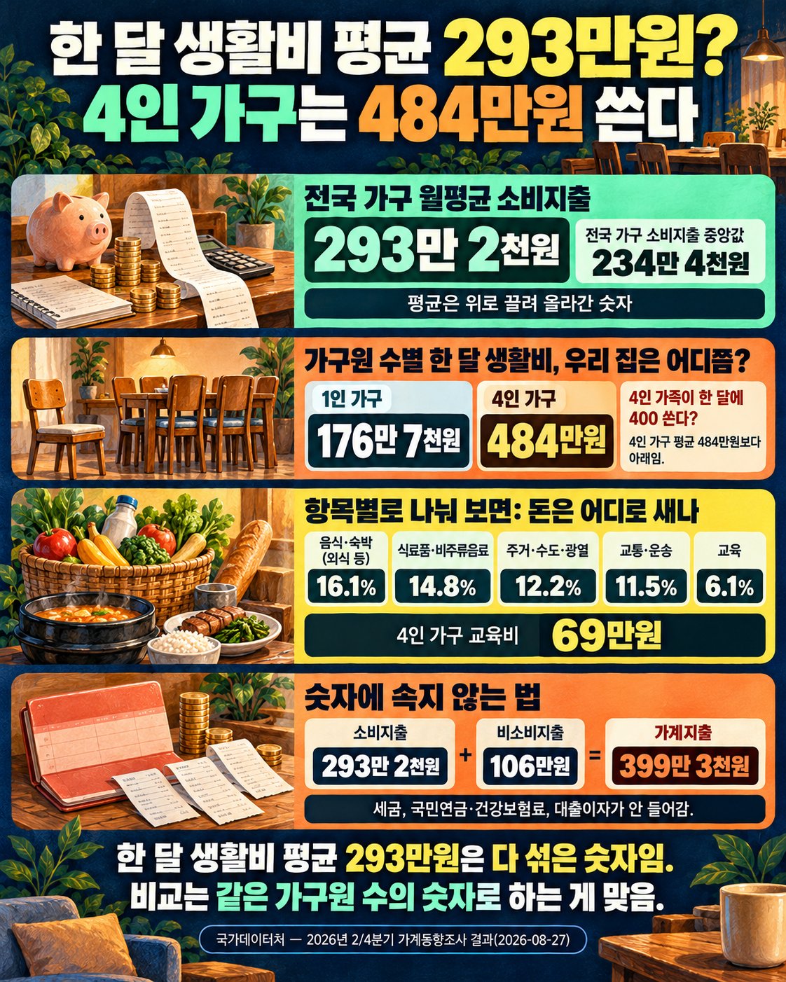 한 달 생활비 평균 293만원? 4인 가구는 484만원 쓴다